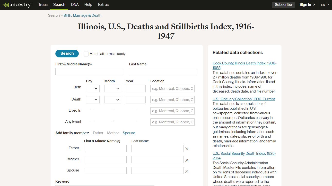 Illinois, U.S., Deaths and Stillbirths Index, 1916-1947